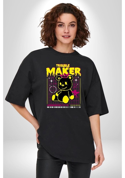 Baş Belası Teddy Pamuklu Bisiklet Yaka Unisex Oversize Boyfriend Dijital Baskılı Siyah T-shirt Siyah