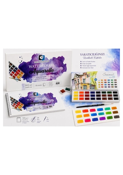 Alex Schoeller Aquarelle Sulu Boya Defteri 300gr 16x35cm 12yp Spiralli St. Petersburg Sonnet 24lü Tablet Karton Kutu Sulu Boya Set Karışık Renkli