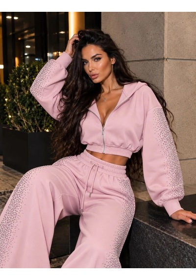Zennamoda Kadın Taş Baskı Detaylı Fermuarlı Crop Sweatshirt Ve Geniş Paça Eşofman Takımı Pembe Zennamoda Kadın Taş Baskı Detaylı Fermuarlı Crop Sweatshirt Ve Geniş Paça Eşofman Takımı Pembe