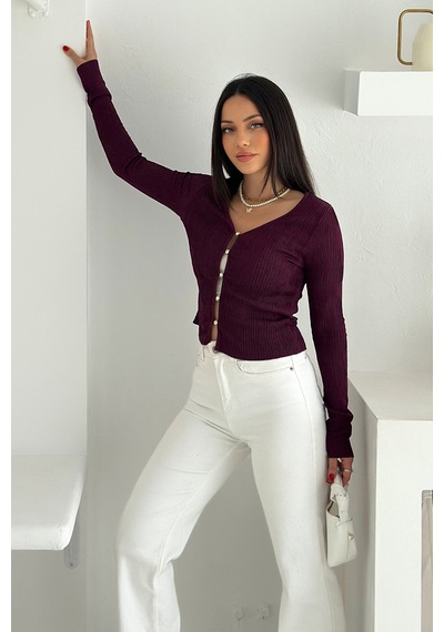 Noa & Noa Kadın Düğme Detaylı Fit Triko Bluz Zarif & Modern Stil Bordo Noa & Noa Kadın Düğme Detaylı Fit Triko Bluz Zarif & Modern Stil Bordo