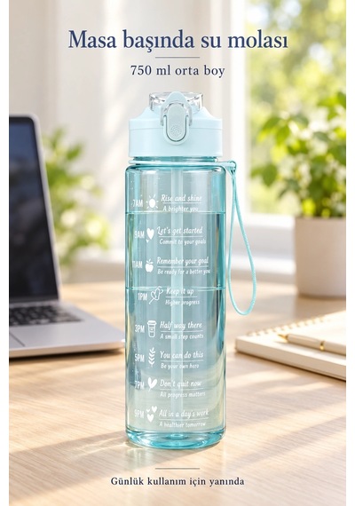 Tilbe Home 3lü Motivasyonel Suluk Matara Seti 2000+750+280ml Pipetli Sticker Askılı Spor Okul Su Şiş Mavi