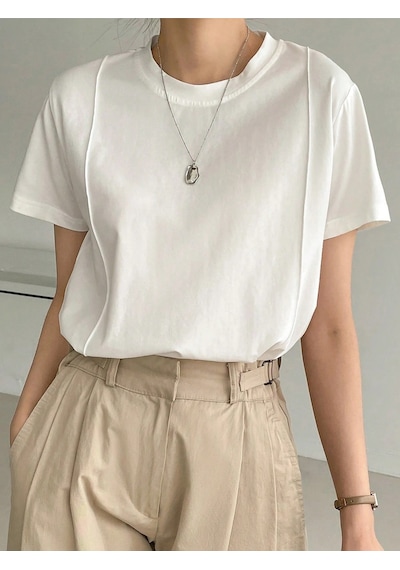 Kadın Kısa Kollu Çizgi Detaylı Basic Tişört Süprem Kumaş Yazlık Rahat T-shirt Beyaz