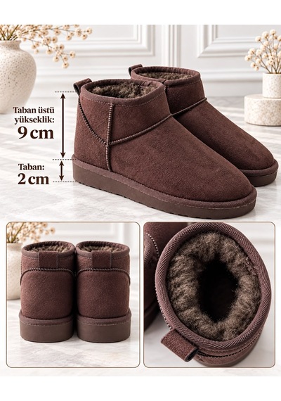 Dabab Shoes Holly Kadın Acı Kahve Lüks Süet İçi Kürklü Sıcak Astarlı 2 Cm Düz Tabanlı Kısa Bot Kar Botu Acı Kahverengi