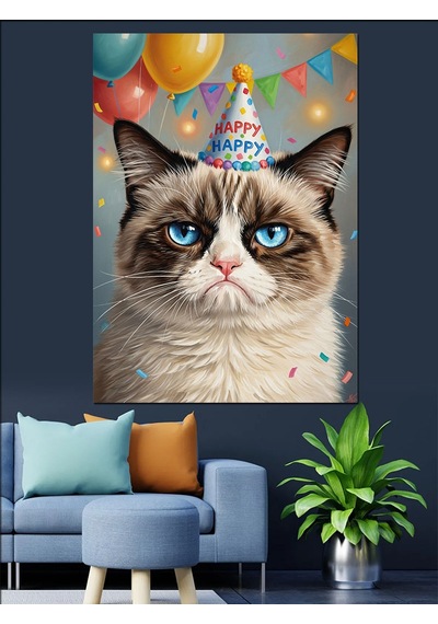 Doğum Günü Şapkalı Grumpy Cat Dekoratif Kanvas - Mdf Ahşap Tablo