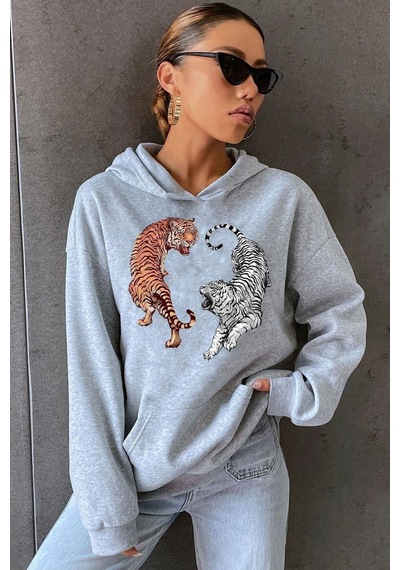 Uyguntarz Unisex Tiger Baskılı Sweatshirt Gri