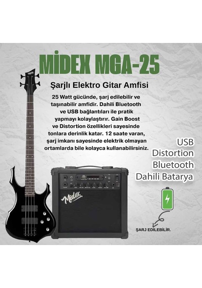 Midex Mbg-410bk-25amp 4 Telli Bas Gitar Ve 25w Amfi Gigbag Kulaklık Set