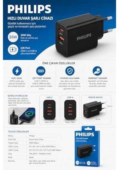 Dlp4325ab/12 1 Usb C 20w-1 Usb A 18w Siyah Şarj Adaptörü