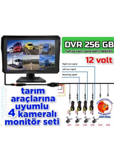 Ledsiz 4 Adet Ahd 720p Balık Gözü Kelebek Kamera 6 Kanallı 10 İnç Qled Ekran 256 Gb 12 Volt