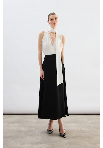 Sateen Yüksek Bel Saten Etek - Siyah-136783 Siyah