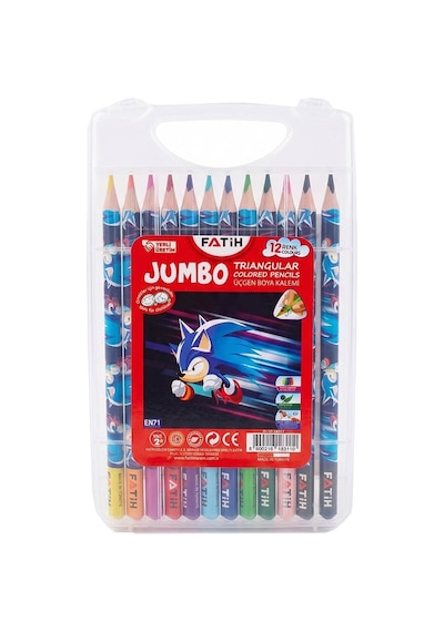 12 Li Jumbo Kuru Boya Kalemi Plastik Kutu 1 Paket Fatih Sonic Figürlü Kalın 12 Renk Kuruboya Tam Boy Renkli Kalem Çok Renkli