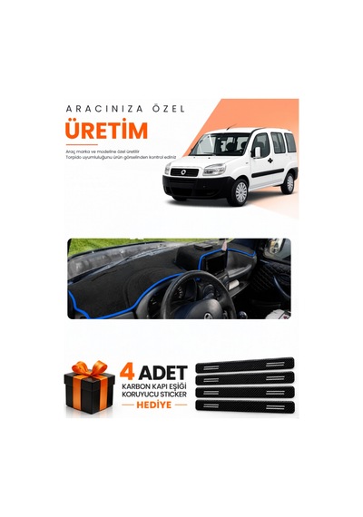 Fıat Doblo 2000-2008 Airbagsiz B.ekran Uyumlu Torpido Koruma Örtüsü Oto Kılıfı - Siyah Mavi