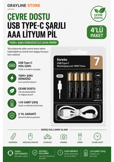 Usb Type-c Şarjlı Aaa İnce Kalem Pil 4 Lü Paket 1.5v Lityum