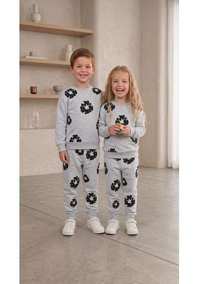 Mavi Boncukk Kız Erkek Çocuk Unisex Çiçek Desenli Sweatshirt Ve Eşofman Altı 2 Li Takım Gri