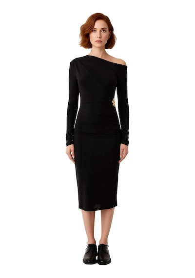 Ersefa Kadın Siyah Bodycon Siluet Asimetrik Yaka Uzun Kollu Elbise Sandy