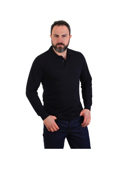ESER - Polo Yaka Uzun Kol Penye İş Tişörtü - Cepli - Lacivert