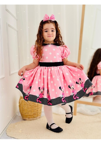 H L Y Karol Tasarım Pembe Mickey Mouse Vintage Kız Bebek Elbise,doğum Günü Elbise,fotoğraf Çekim Elbise,0-12 Yaş Uygun Pembe