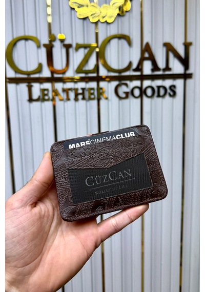 Cüzcan Jorvik Patlı Hakiki Deri Premium Kartlık Kişiye Özel İsim Baskılı Kahverengi Motifli
