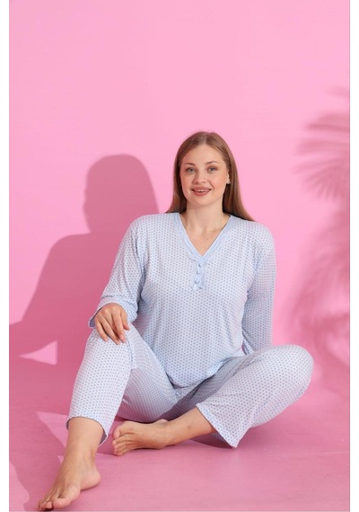 Eyfuze Kadın Büyük Beden Desenli Yakası Düğmeli Uzun Kollu Bambu Pijama Takımı Buz Mavisi Eyfuze Kadın Büyük Beden Desenli Yakası Düğmeli Uzun Kollu Bambu Pijama Takımı Buz Mavisi