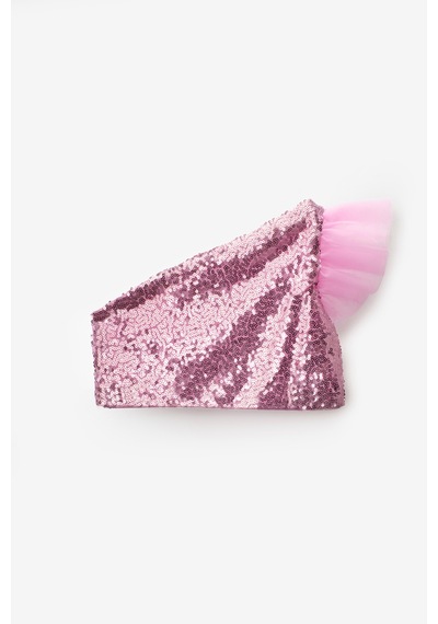 Le Mabelle Pembe Pullu Tek Omuzlu Kolu Tül Detaylı Kız Çocuk Crop Bluz - Bianca Pembe