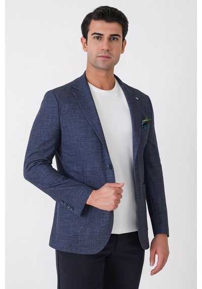 Slim Fit Çift Yırtmaçlı Torba Cep Esenk Yünlü Lacivert Ceket C 752