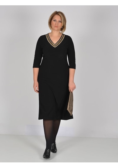 Nidya Moda Büyük Beden V Hazır Yaka Elbise-4038S Çok Renkli