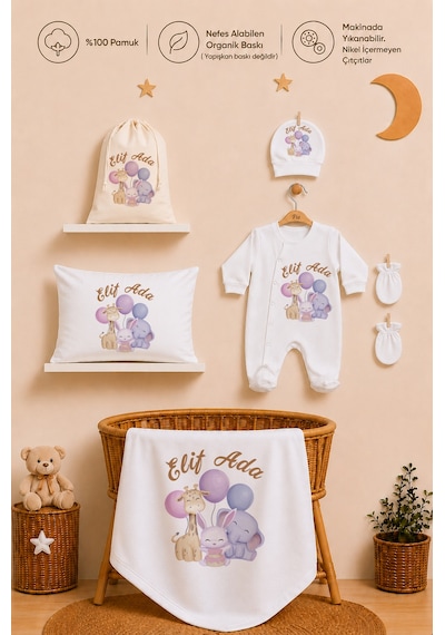 Pia Baby İsme Özel Hastane Çıkışı %100 Pamuk Kız Bebek Organik Baskılı Tulum Set Keseli Hediyelik 2054tybk3x Krem