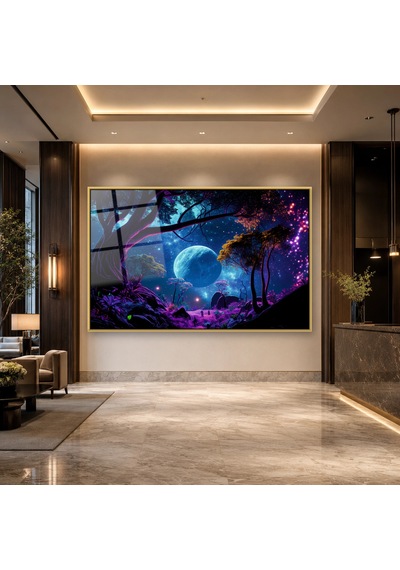 Neon Işıklı Fantastik Orman Gold Çerçeveli Cam Tablo