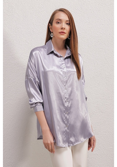 Bigdart 3985 Oversize Saten Gömlek - Lila 001