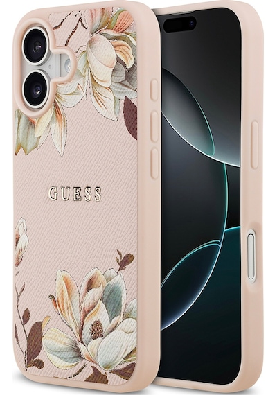Apple Uyumlu iPhone 17 Kılıf Guess Lisanslı M-safeli Taneli Çiçek Tasarımlı Metal Yazı Logolu Kapak Pembe Pembe