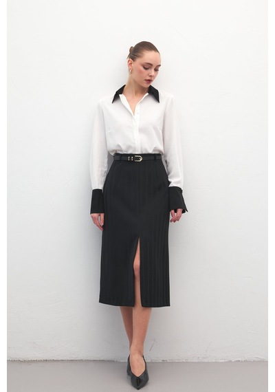 Sateen Anna Yırtmaçlı Etek - Siyah-137172 Siyah