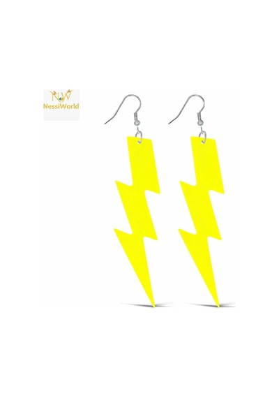 Retro Neon Sarı Şimşek Küpe 10 Cm Uzunlukta Çok Renkli