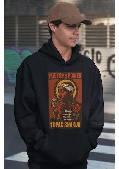 Sevbano Tasarım Tupac Shakur Rapper Baskılı Unisex Oversize 2pac Şarkıcı Siyah
