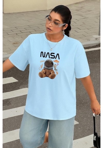 Benroma Büyük Beden Nasa Ayıcık Baskılı Unisex Tişört Bebe Mavisi