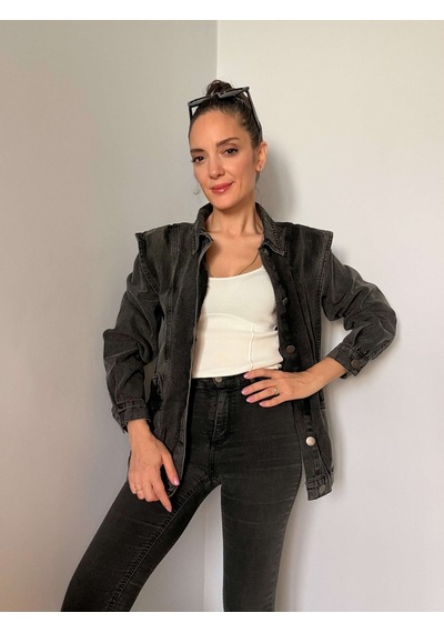 Antrasit Omuz Detaylı Tasarım Denim Ceket Antrasit