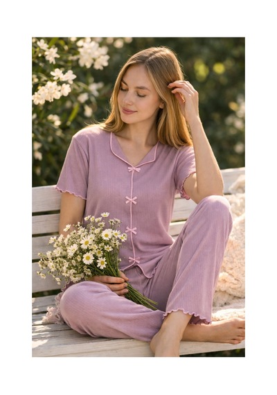 Rindahomewear Kadın Kısa Kollu Fiyonklu Fitilli Pijama Takımı Mrdum1