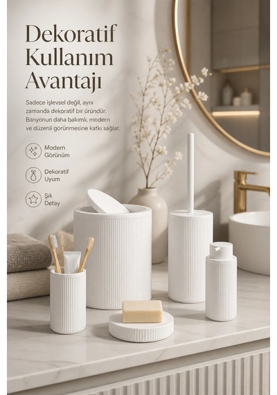 Beyaz Banyo Düzenleyici Set 5 Parça Çöp Kovası Tuvalet Fırçası Sabunluk Fırçalık