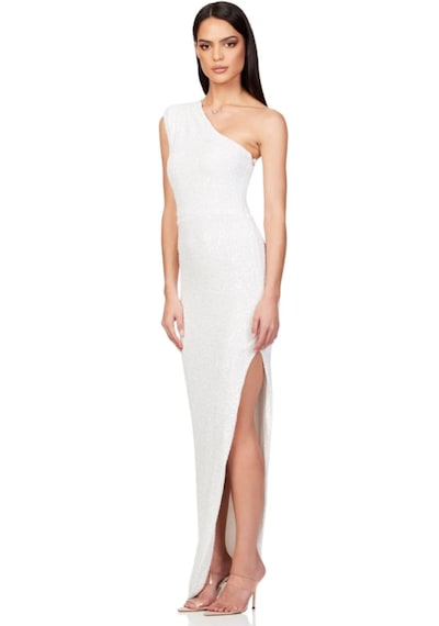 Hanife Glam Couture Tek Omuz Büzgü Detaylı Pulpayet Abiye Elbise Beyaz