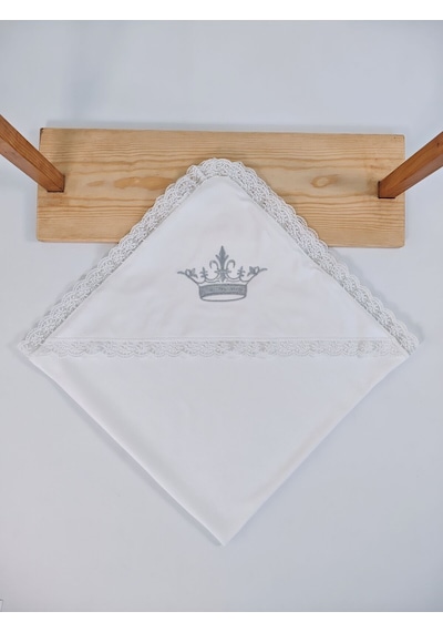 Ekru %100 Pamuklu Erkek Bebek Battaniyesi Nakışlı Dantelli Puset Örtüsü Hediyelik Yenidoğan 85x85cm Ekru
