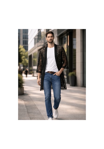 Qmen Style Erkek Kimono Takımı 3 Lü Dantel Set Bornoz + Pantolon + Şort Siyah