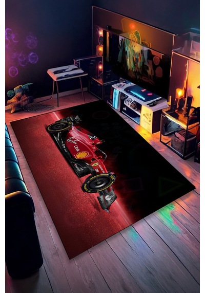 Formula 1 Kırmızı Yarış Arabası Halı Kaymaz Taban Yıkanabilir Salon Halısı F1.10