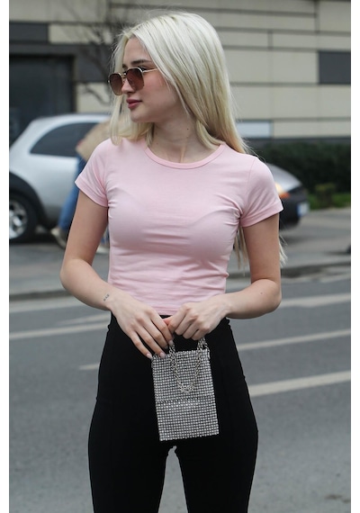 Madmext Pudra Basic Kadın Tişört / Vücuda Oturan Kesim Mg1681-pudra Pudra