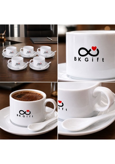 Logonuza Özel 5 Adet Porselen İkili Kaşıklı Fincan Seti - 140 Ml Kurumsal Kahve Seti Beyaz