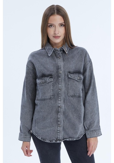 Selectmoda Kadın Çift Cepli Çıtçıt Kapamalı Oversize Kot Gömlek Antrasit