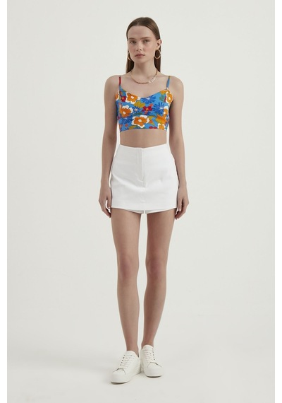Hiccup Çiçek Desenli Sweetheart Yaka Kolsuz Crop Top Mavi