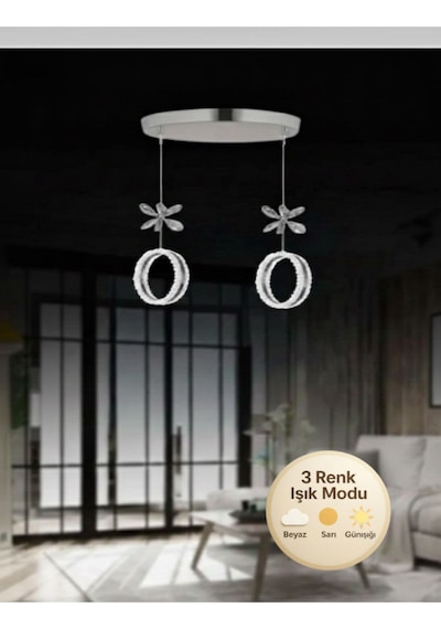 Zero Model 2"li Kristal Taşlı Gümüş 3 Renk Modu Ledli Salon Mutfak Oturma Odası Sarkıt Led Avize Metalik