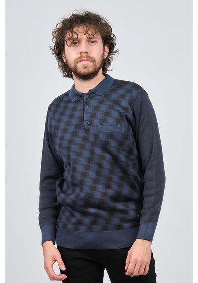 Çizgi Triko Erkek Cep Detaylı Polo Yaka Desenli Kazak 42544213 In Indigo İndigo