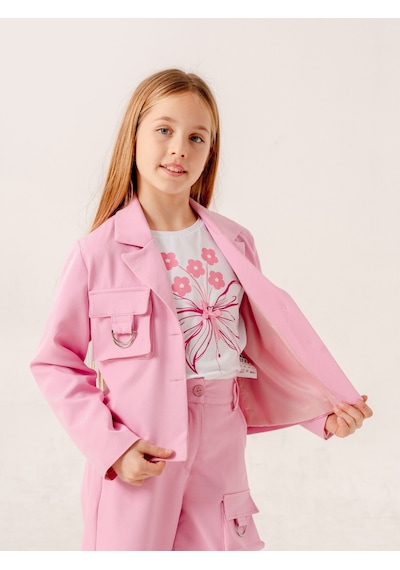 Giyicem Kız Çocuk D Tokalı Ceket T-shirt İkili Takım 1903 Pembe