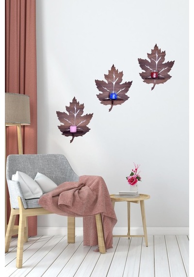Woodart Dekoratif Doğal Ahşap 3’Lü Çınar Yaprağı Modeli Duvar Raf