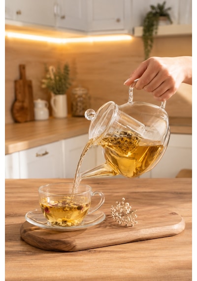 Porsima Lm-0111 Flora Borosilikat Cam Süzgeçli Demlik Bitki Çayı Demliği 1000ml