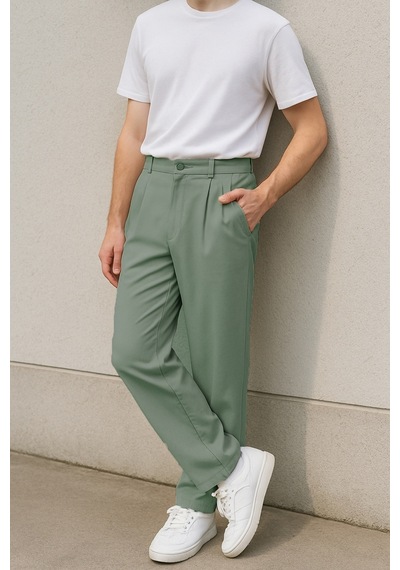 Cedy Denim Yüksek Kalite Erkek Yüksek Bel Pileli Baggy Chino Pantolon C358 Yeşil